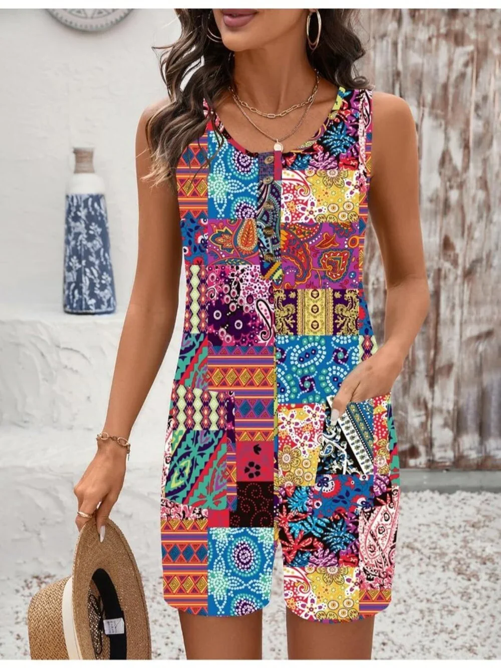 Women Colorful Polyester Casual Sleeveless Scoop Neck Short Jumpsuits Rompers - Picture 6 of 6